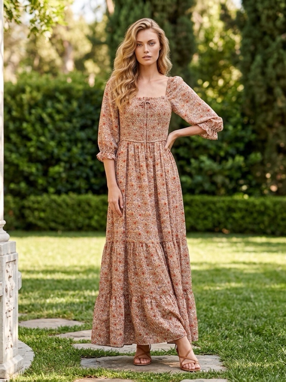 Akira Floral Smocked Square Neck Maxi Dress Medium Boho Cottagecore